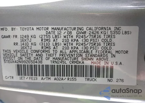 2009 Toyota Tacoma из США, поврежденный, VIN 5TEUX42N99Z650438